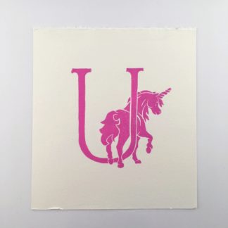 Original Hand Pink Mythical Creature Beast Unicorn Print