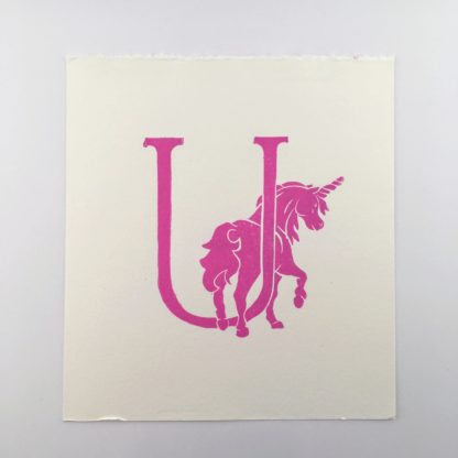 Original Hand Pink Mythical Creature Beast Unicorn Print
