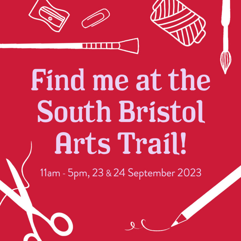 Test saying Find me at the South Bristol Arts Trail@ 11am to 5pm on the 23rd and 24th of September 2023. Pale text on a red background surrounded by while line designs of arty equiptment including scissors, thread, a pencil, a paper clip, a sharpener and a paintbrush